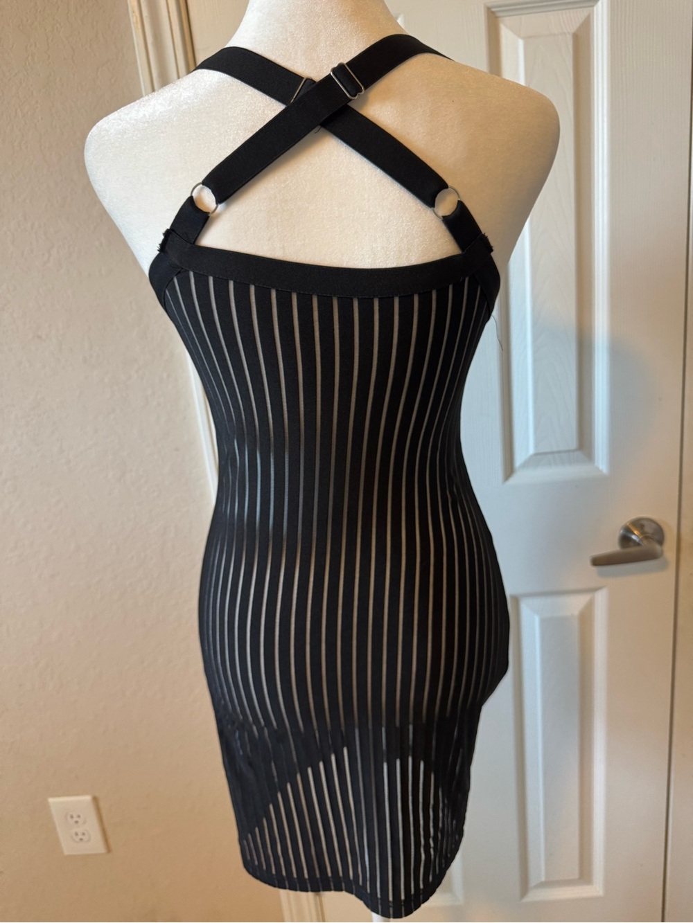 Black Mesh Striped Bandage Dress Size M Crisscross Strap Bodycon Party Dress - Picture 7 of 8